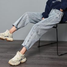 Cotton Straight Jeans Woman Elasticity High Waist Jeans woman plus size mom jeans blue New Loose harem pants hot sale