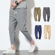 Cotton Linen Joggers Black Men’s Harem Pants Solid Fitness Casual Ankle-Length Mens Trousers Summer Streetwear Clothes Male