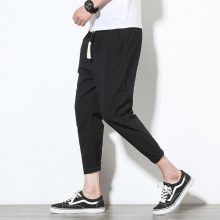 Cotton Linen Joggers Black Men’s Harem Pants Solid Fitness Casual Ankle-Length Mens Trousers Summer Streetwear Clothes Male