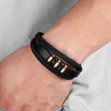 New 3 Layers Black Gold Punk Style Design Genuine Leather Bracelet for Men Steel Magnetic Button Birthday Gift Male Bracelets