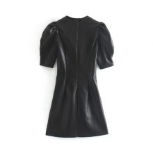Faux Leather Dress Women Sexy Club Puff Short Sleeve Bodycon Party Dress Vintage Pleated Tunic Black Mini Dress Vestidos